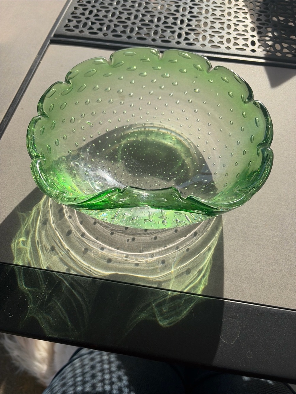 VTG Murano Art Glass Emerald Green Clear Bowl Scalloped Edge Controlled Bubbles